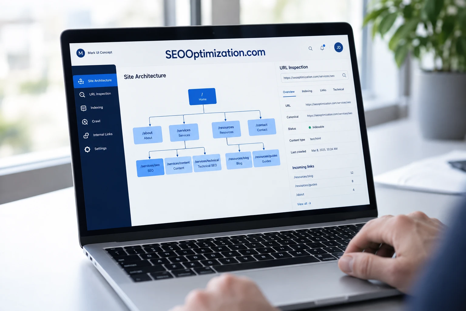 SEOOptimization.com website architecture concept on a desktop monitor